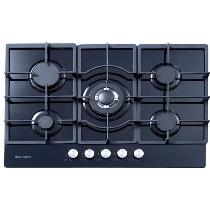 Estufa Empotrable a Gas de 33 pulgadas Nisato con Vitro Ceramica de 5 Quemadores de Hierro Fundido con Encendido Electrico Color Negro