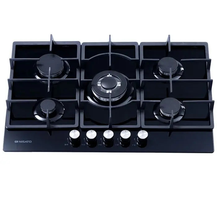 Estufa Empotrable a Gas de 33 pulgadas Nisato con Vitro Ceramica de 5 Quemadores de Hierro Fundido con Encendido Electrico Color Negro