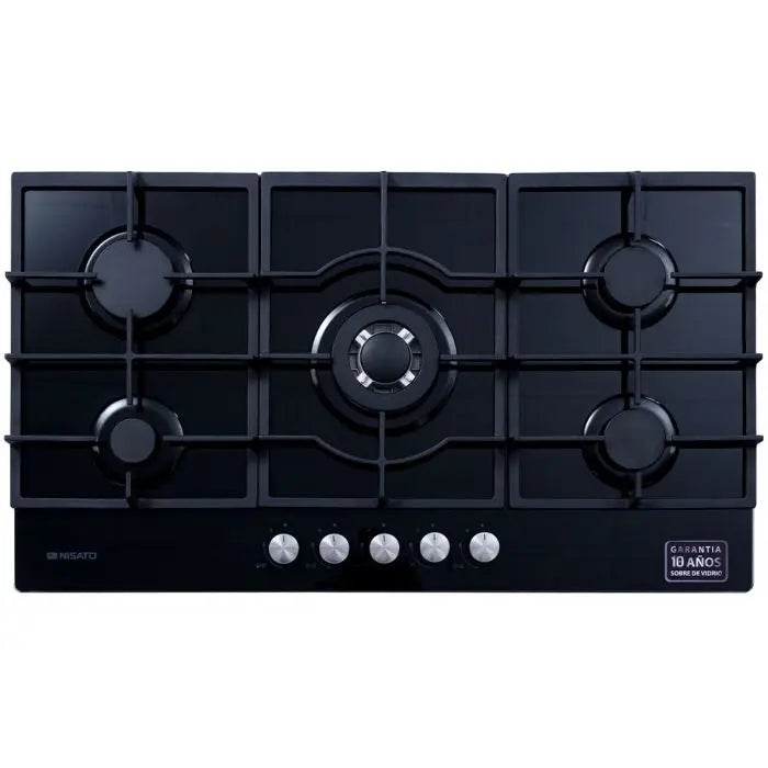 Estufa A Gas de Vidrio Templado Nisato de 5 Quemadores con Encendido Eléctrico Color Negro