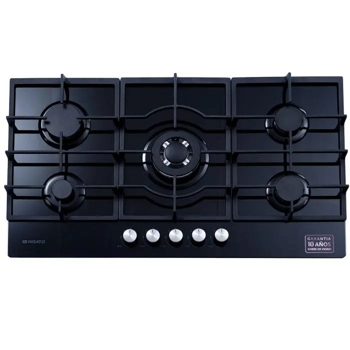 Estufa A Gas de Vidrio Templado Nisato de 5 Quemadores con Encendido Eléctrico Color Negro