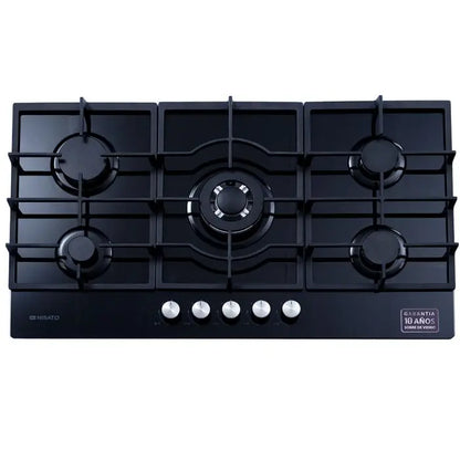 Estufa A Gas de Vidrio Templado Nisato de 5 Quemadores con Encendido Eléctrico Color Negro