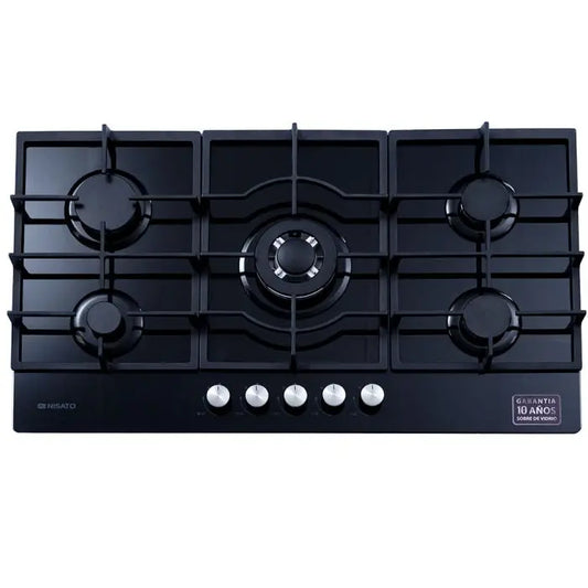 Estufa A Gas de Vidrio Templado Nisato de 5 Quemadores con Encendido Eléctrico Color Negro