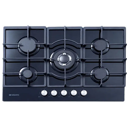 Estufa Empotrable a Gas de 33 pulgadas Nisato con Vitro Ceramica de 5 Quemadores de Hierro Fundido con Encendido Electrico Color Negro