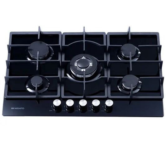 Estufa Empotrable a Gas de 33 pulgadas Nisato con Vitro Ceramica de 5 Quemadores de Hierro Fundido con Encendido Electrico Color Negro