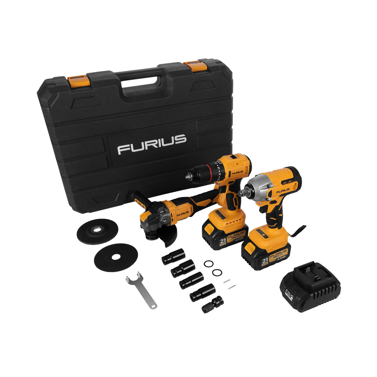 Kit Furius Taladro + esmeril + destornillador de impacto 21V 3Pzs